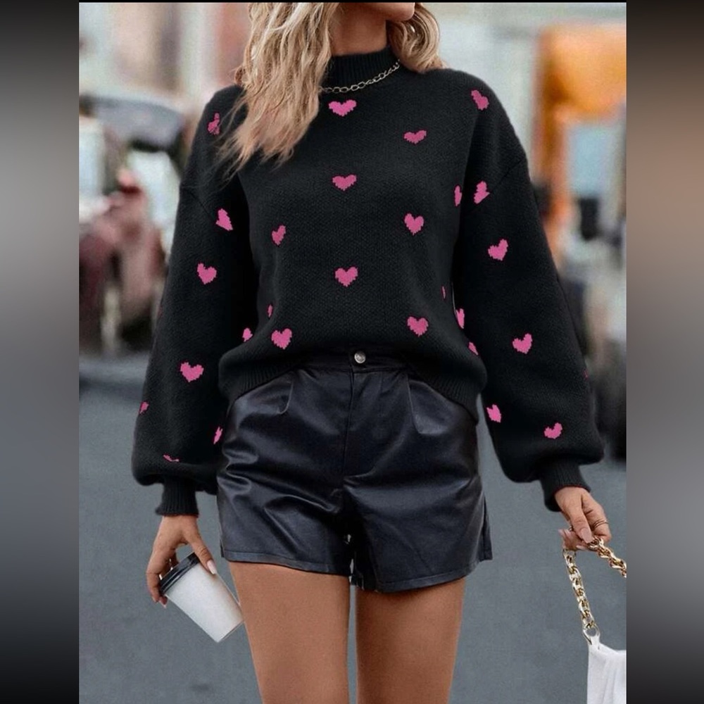Heart Pattern Mock Neck Drop Shoulder Sweater
